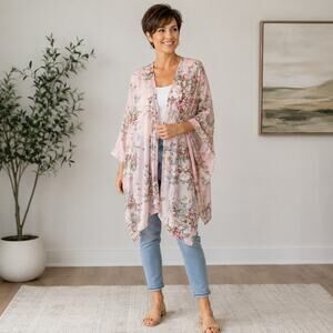 Olrain pink floral kimono cover-up Beachy cruise resort 2XL